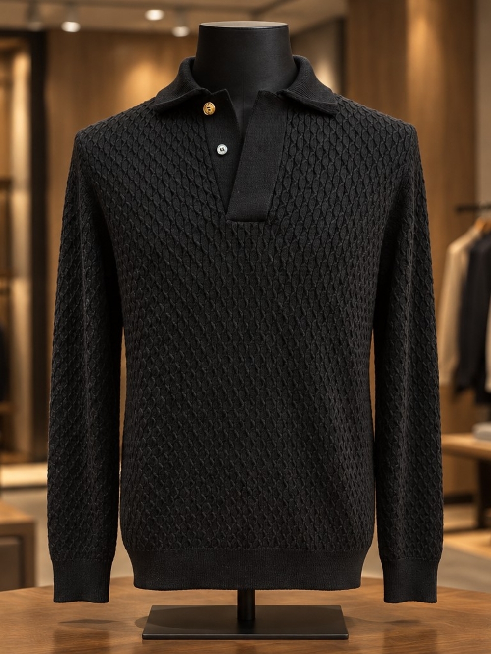 Salvatore Ferragamo Long Sleeve Black Knit Sweater Polo Shirt Size L